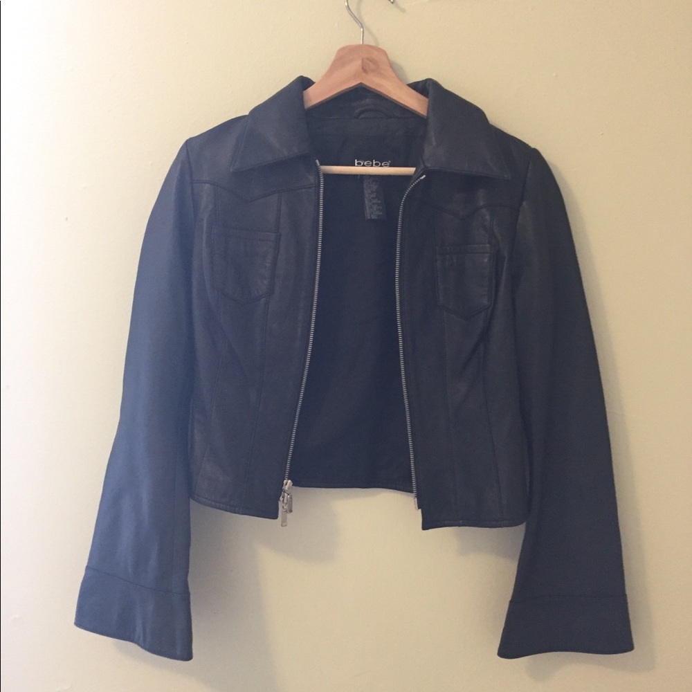 Bebe cropped leather jacket with bell sleeves xs
